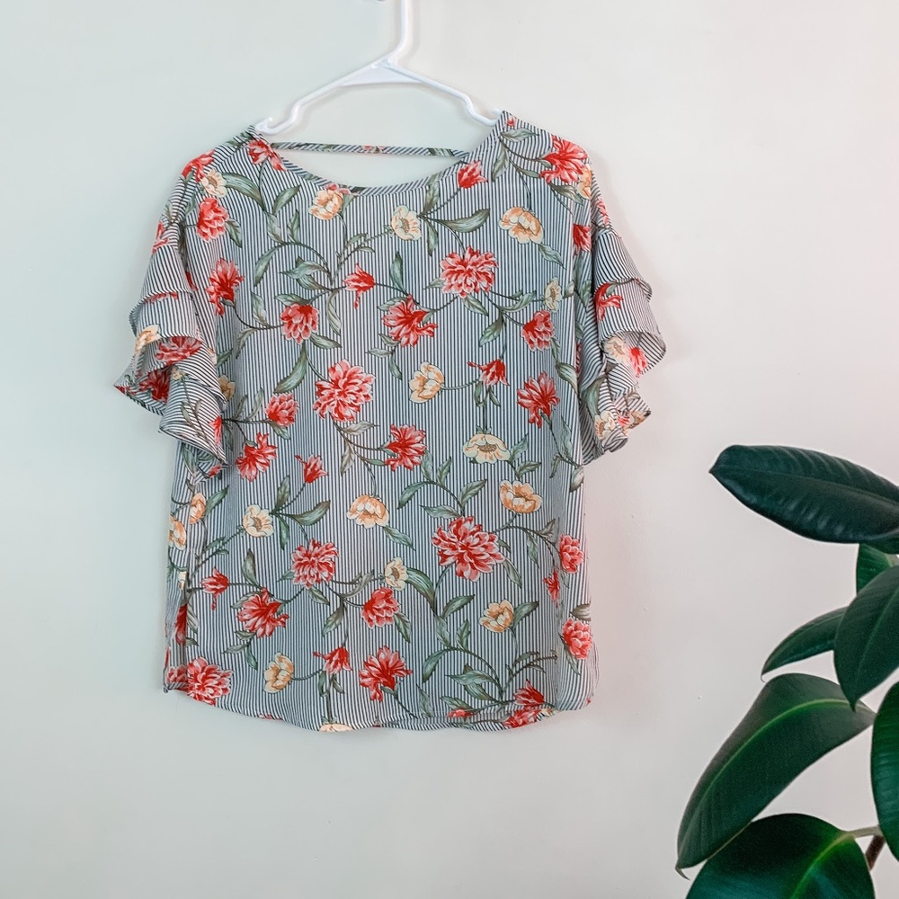 Como Vintage floral stripe ruffle strappy blouse S